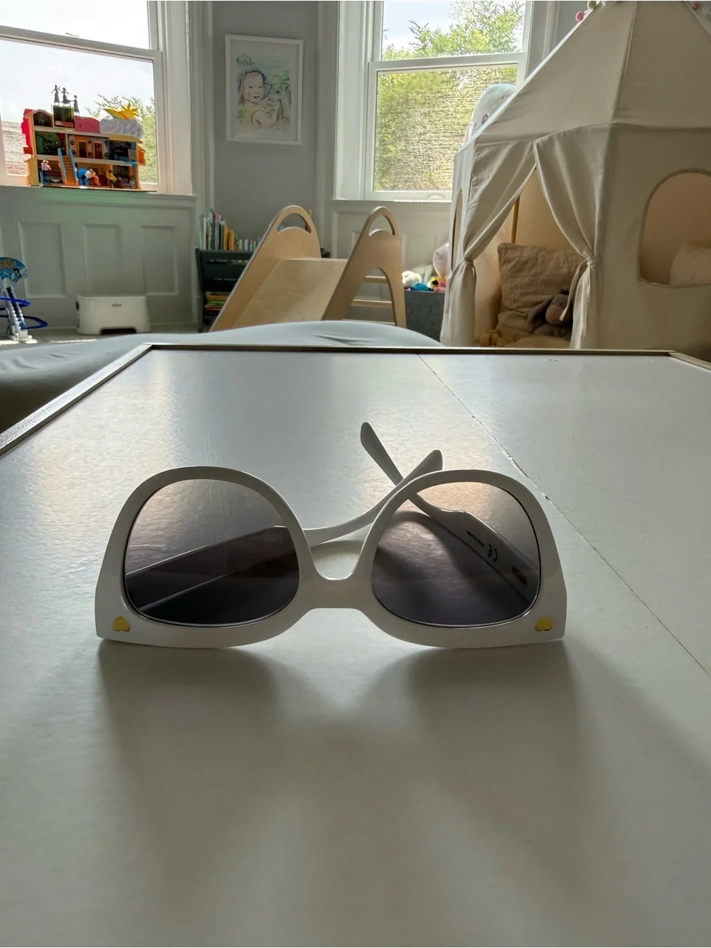 J. Crew White Oversized Cat-Eye Sunglasses with Heart Accents